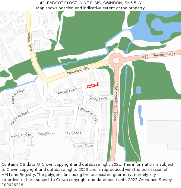 43, RADCOT CLOSE, NINE ELMS, SWINDON, SN5 5UY: Location map and indicative extent of plot