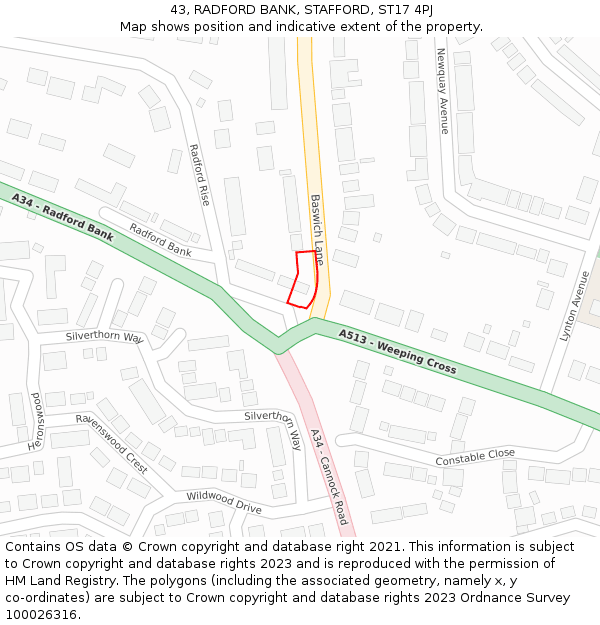 43, RADFORD BANK, STAFFORD, ST17 4PJ: Location map and indicative extent of plot