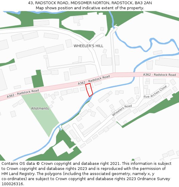 43, RADSTOCK ROAD, MIDSOMER NORTON, RADSTOCK, BA3 2AN: Location map and indicative extent of plot