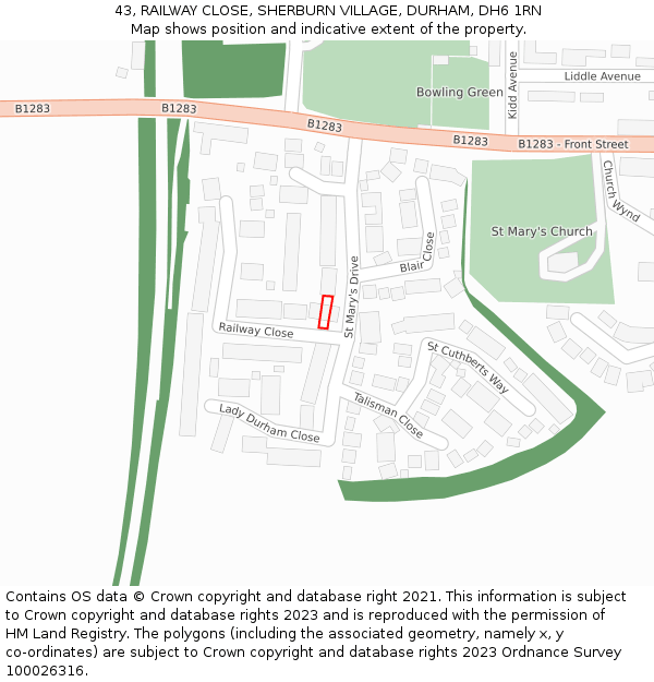 43, RAILWAY CLOSE, SHERBURN VILLAGE, DURHAM, DH6 1RN: Location map and indicative extent of plot