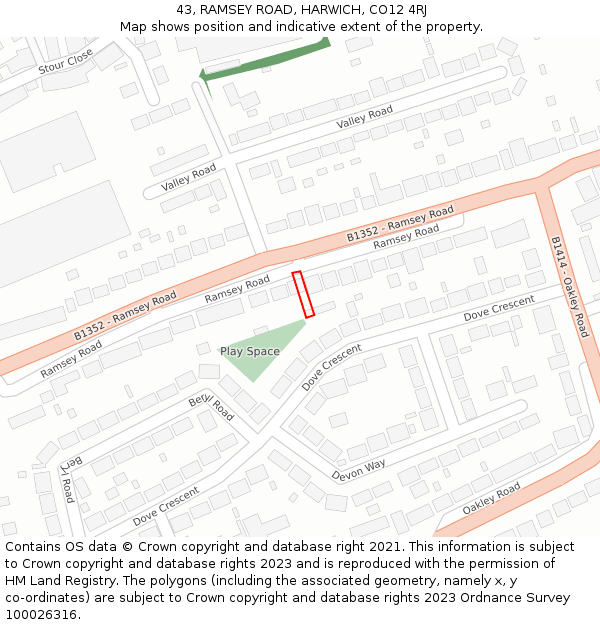 43, RAMSEY ROAD, HARWICH, CO12 4RJ: Location map and indicative extent of plot