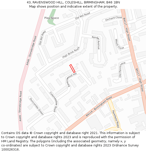 43, RAVENSWOOD HILL, COLESHILL, BIRMINGHAM, B46 1BN: Location map and indicative extent of plot