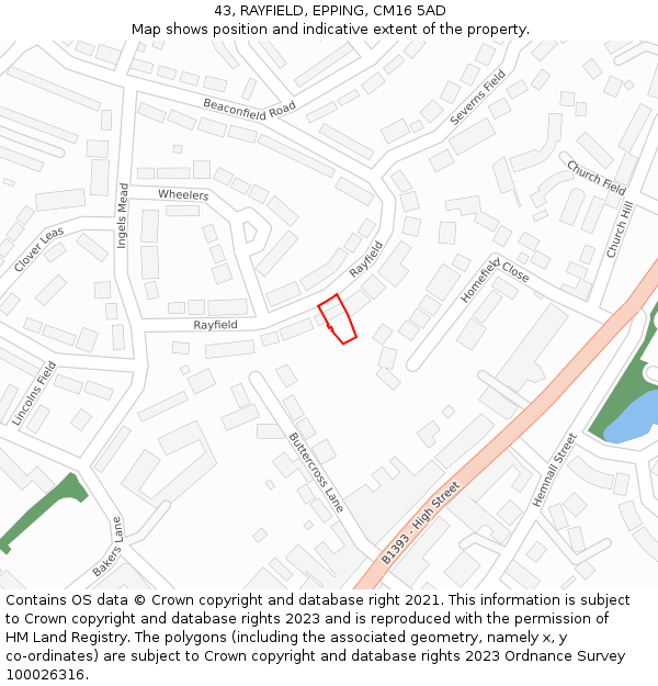 43, RAYFIELD, EPPING, CM16 5AD: Location map and indicative extent of plot