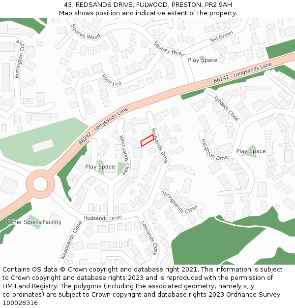 43, REDSANDS DRIVE, FULWOOD, PRESTON, PR2 9AH: Location map and indicative extent of plot