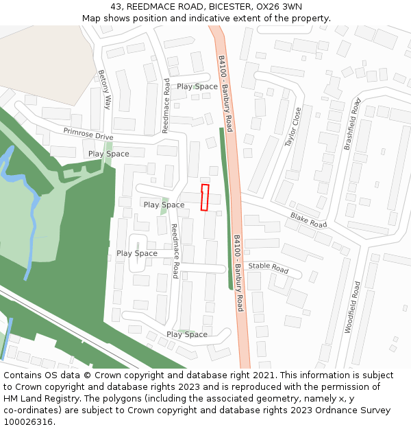 43, REEDMACE ROAD, BICESTER, OX26 3WN: Location map and indicative extent of plot