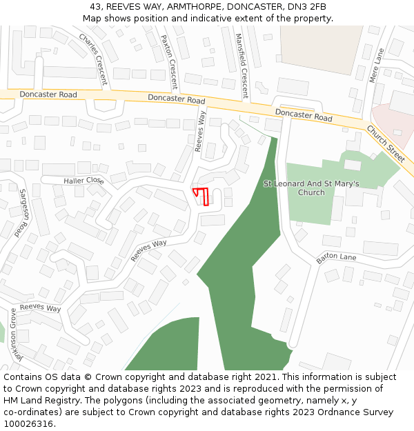 43, REEVES WAY, ARMTHORPE, DONCASTER, DN3 2FB: Location map and indicative extent of plot
