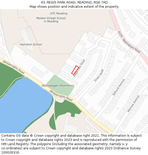 43, REGIS PARK ROAD, READING, RG6 7AD: Location map and indicative extent of plot
