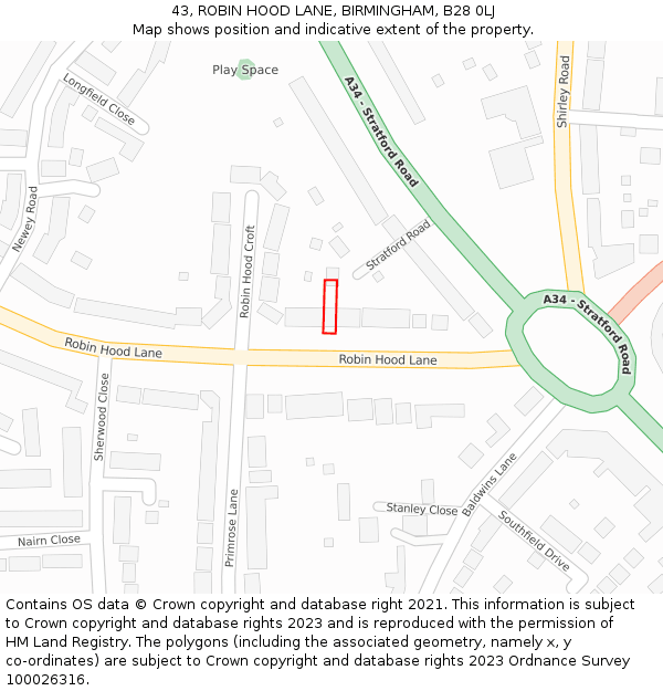 43, ROBIN HOOD LANE, BIRMINGHAM, B28 0LJ: Location map and indicative extent of plot