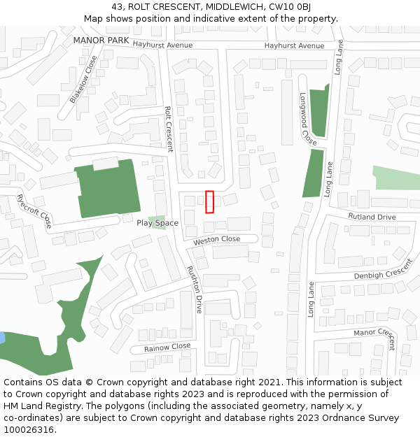 43, ROLT CRESCENT, MIDDLEWICH, CW10 0BJ: Location map and indicative extent of plot