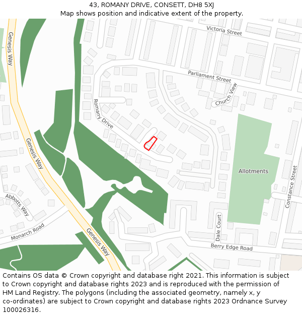 43, ROMANY DRIVE, CONSETT, DH8 5XJ: Location map and indicative extent of plot