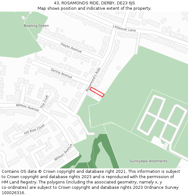 43, ROSAMONDS RIDE, DERBY, DE23 6JS: Location map and indicative extent of plot