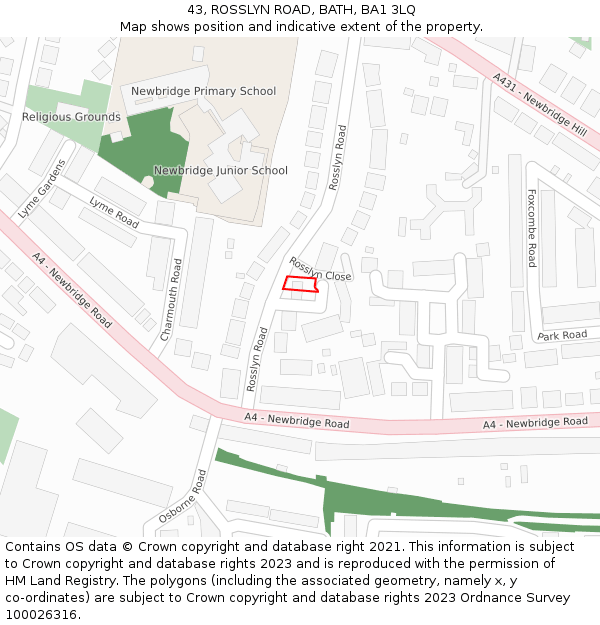 43, ROSSLYN ROAD, BATH, BA1 3LQ: Location map and indicative extent of plot