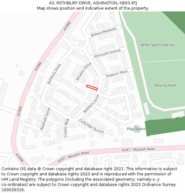 43, ROTHBURY DRIVE, ASHINGTON, NE63 8TJ: Location map and indicative extent of plot