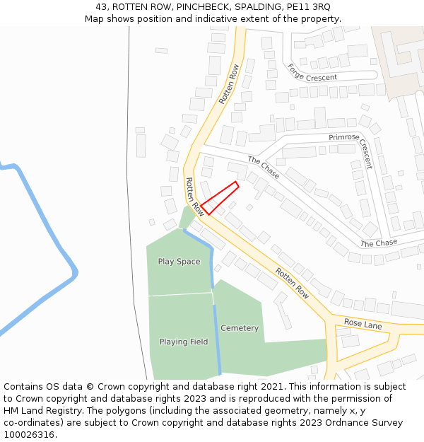 43, ROTTEN ROW, PINCHBECK, SPALDING, PE11 3RQ: Location map and indicative extent of plot