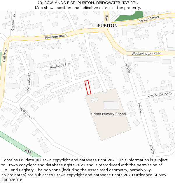 43, ROWLANDS RISE, PURITON, BRIDGWATER, TA7 8BU: Location map and indicative extent of plot