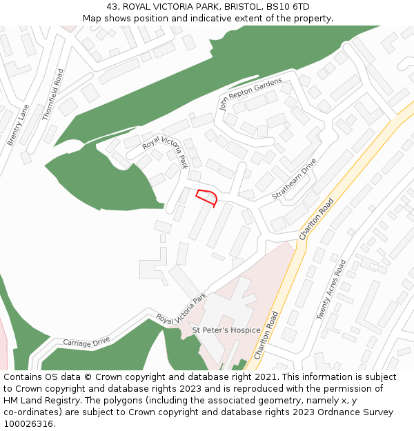 43, ROYAL VICTORIA PARK, BRISTOL, BS10 6TD: Location map and indicative extent of plot