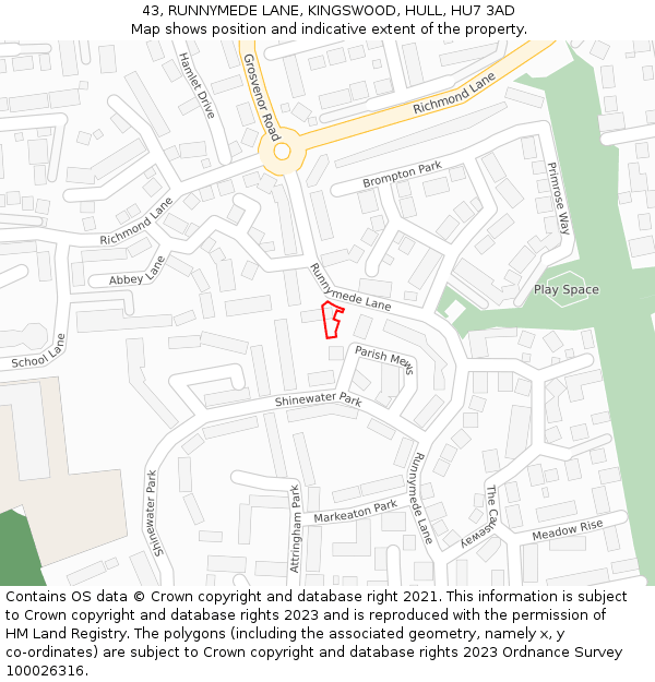 43, RUNNYMEDE LANE, KINGSWOOD, HULL, HU7 3AD: Location map and indicative extent of plot