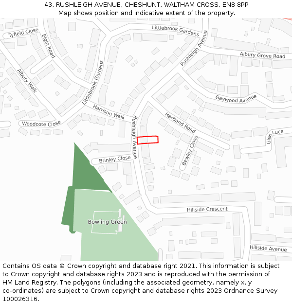 43, RUSHLEIGH AVENUE, CHESHUNT, WALTHAM CROSS, EN8 8PP: Location map and indicative extent of plot