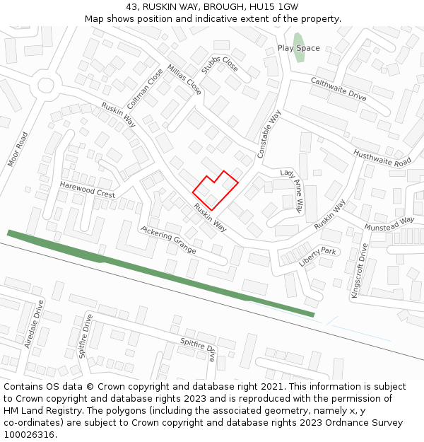 43, RUSKIN WAY, BROUGH, HU15 1GW: Location map and indicative extent of plot