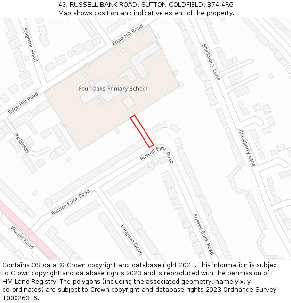 43, RUSSELL BANK ROAD, SUTTON COLDFIELD, B74 4RG: Location map and indicative extent of plot