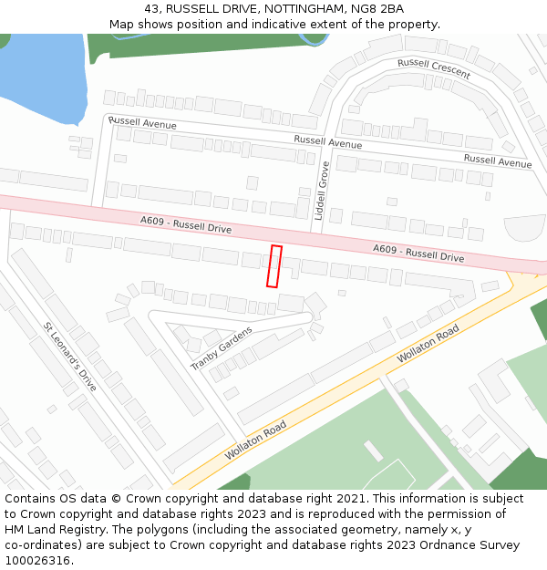 43, RUSSELL DRIVE, NOTTINGHAM, NG8 2BA: Location map and indicative extent of plot