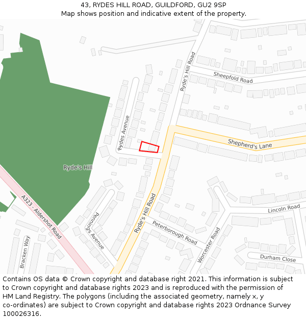 43, RYDES HILL ROAD, GUILDFORD, GU2 9SP: Location map and indicative extent of plot