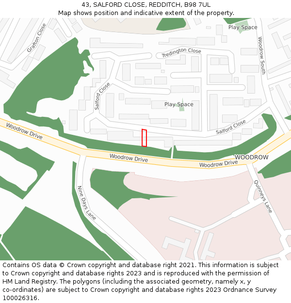 43, SALFORD CLOSE, REDDITCH, B98 7UL: Location map and indicative extent of plot