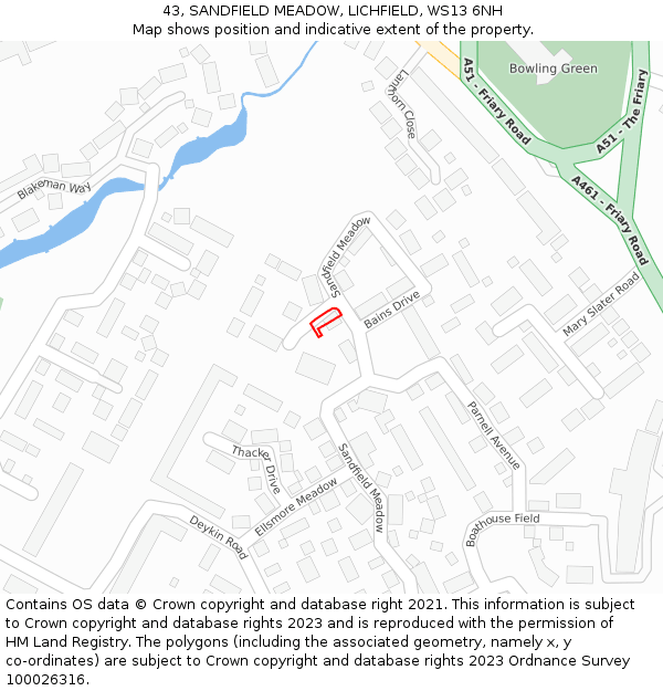 43, SANDFIELD MEADOW, LICHFIELD, WS13 6NH: Location map and indicative extent of plot