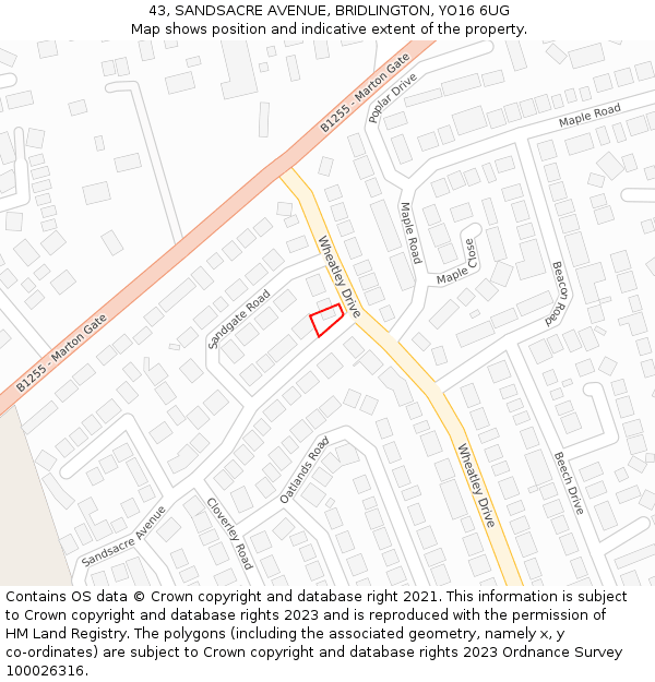 43, SANDSACRE AVENUE, BRIDLINGTON, YO16 6UG: Location map and indicative extent of plot