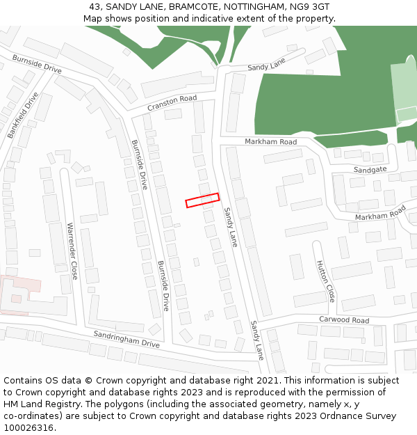 43, SANDY LANE, BRAMCOTE, NOTTINGHAM, NG9 3GT: Location map and indicative extent of plot