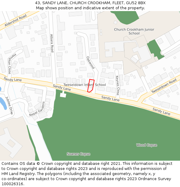 43, SANDY LANE, CHURCH CROOKHAM, FLEET, GU52 8BX: Location map and indicative extent of plot