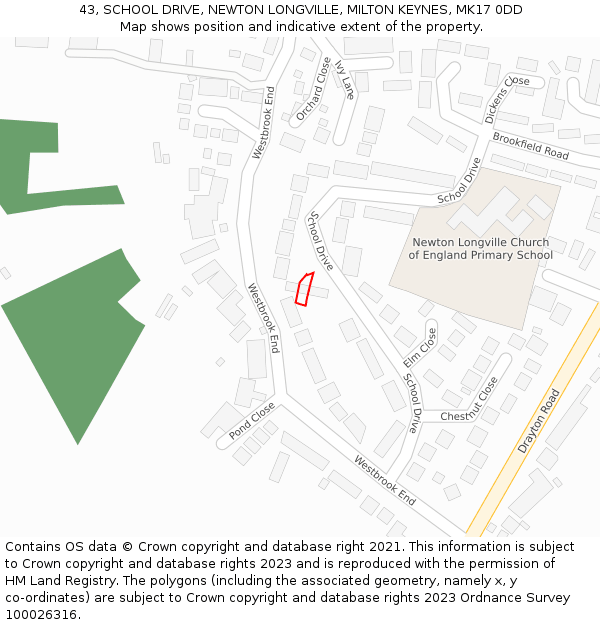 43, SCHOOL DRIVE, NEWTON LONGVILLE, MILTON KEYNES, MK17 0DD: Location map and indicative extent of plot