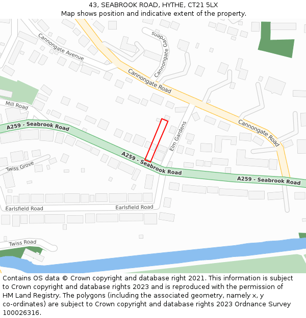 43, SEABROOK ROAD, HYTHE, CT21 5LX: Location map and indicative extent of plot