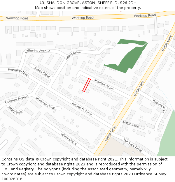 43, SHALDON GROVE, ASTON, SHEFFIELD, S26 2DH: Location map and indicative extent of plot