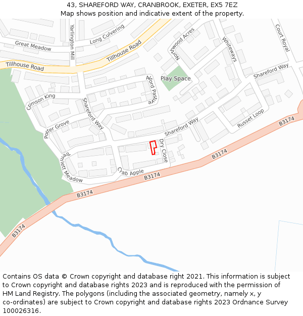 43, SHAREFORD WAY, CRANBROOK, EXETER, EX5 7EZ: Location map and indicative extent of plot