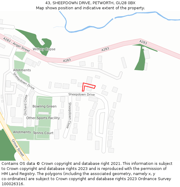 43, SHEEPDOWN DRIVE, PETWORTH, GU28 0BX: Location map and indicative extent of plot