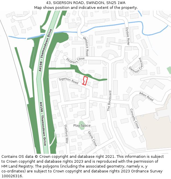 43, SIGERSON ROAD, SWINDON, SN25 1WA: Location map and indicative extent of plot