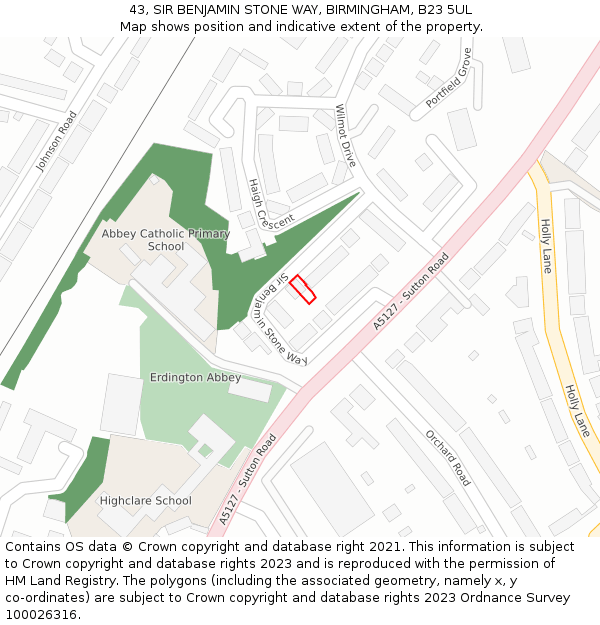 43, SIR BENJAMIN STONE WAY, BIRMINGHAM, B23 5UL: Location map and indicative extent of plot