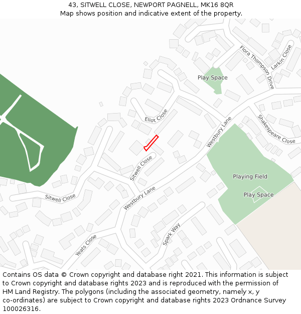 43, SITWELL CLOSE, NEWPORT PAGNELL, MK16 8QR: Location map and indicative extent of plot