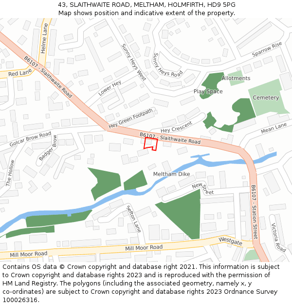 43, SLAITHWAITE ROAD, MELTHAM, HOLMFIRTH, HD9 5PG: Location map and indicative extent of plot