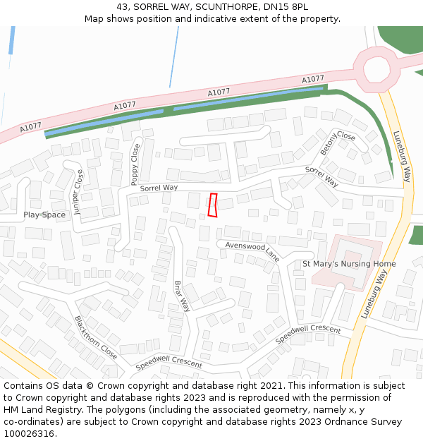 43, SORREL WAY, SCUNTHORPE, DN15 8PL: Location map and indicative extent of plot
