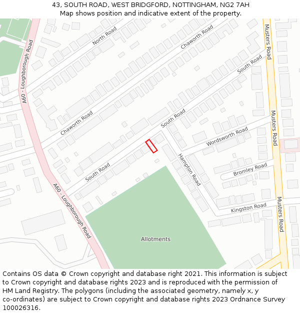 43, SOUTH ROAD, WEST BRIDGFORD, NOTTINGHAM, NG2 7AH: Location map and indicative extent of plot