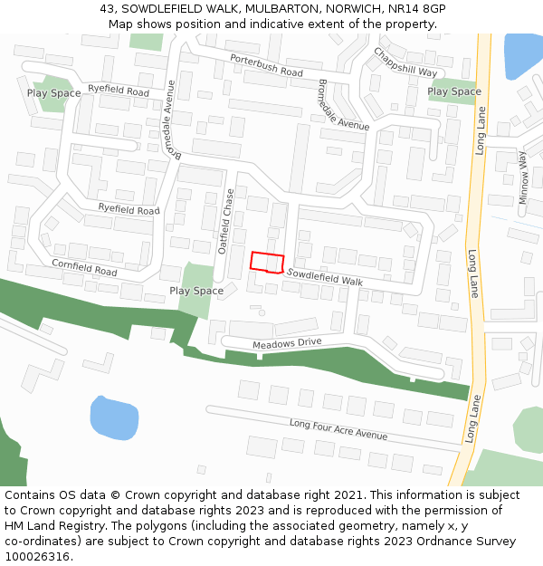43, SOWDLEFIELD WALK, MULBARTON, NORWICH, NR14 8GP: Location map and indicative extent of plot