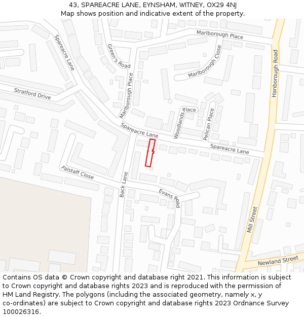 43, SPAREACRE LANE, EYNSHAM, WITNEY, OX29 4NJ: Location map and indicative extent of plot