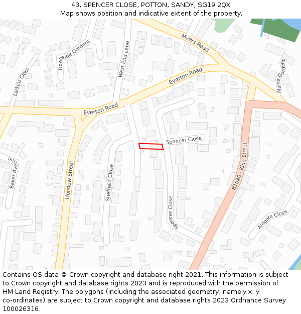 43, SPENCER CLOSE, POTTON, SANDY, SG19 2QX: Location map and indicative extent of plot