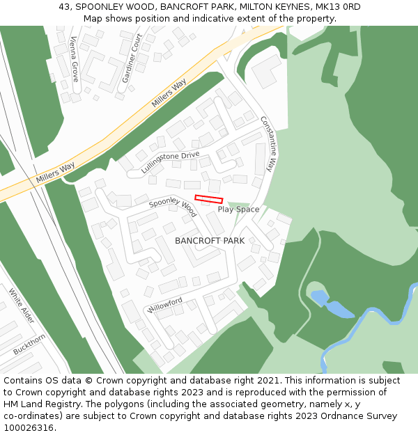 43, SPOONLEY WOOD, BANCROFT PARK, MILTON KEYNES, MK13 0RD: Location map and indicative extent of plot