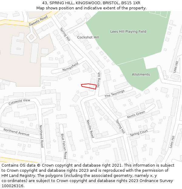 43, SPRING HILL, KINGSWOOD, BRISTOL, BS15 1XR: Location map and indicative extent of plot