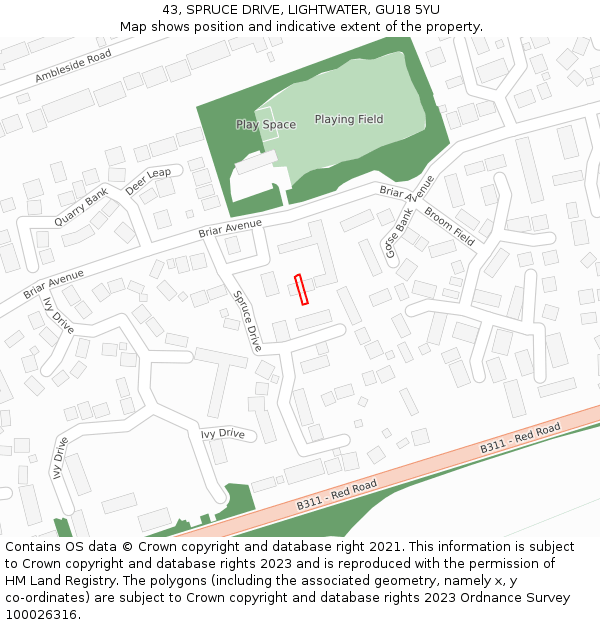 43, SPRUCE DRIVE, LIGHTWATER, GU18 5YU: Location map and indicative extent of plot