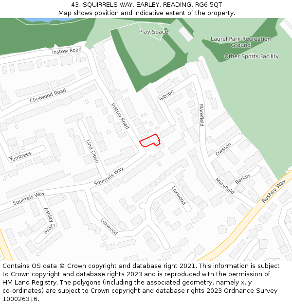 43, SQUIRRELS WAY, EARLEY, READING, RG6 5QT: Location map and indicative extent of plot