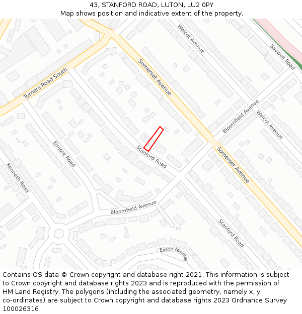 43, STANFORD ROAD, LUTON, LU2 0PY: Location map and indicative extent of plot